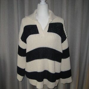 Zara Collared Oversized Stripe Sweater Pullover Black and White